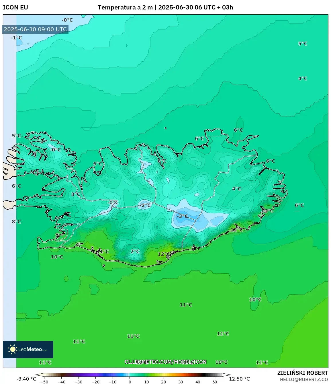 ICON model - Islandia, Temperatura a 2 m ICON model - Islandia, Temperatura a 2 m