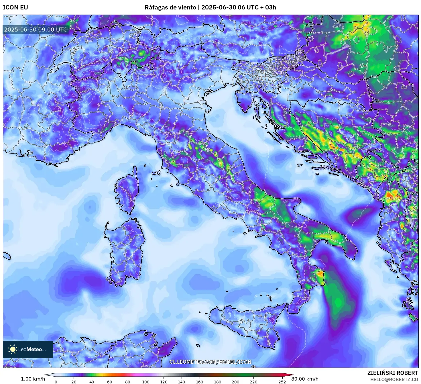 ICON model - Italia, Ráfagas de viento ICON model - Italia, Ráfagas de viento