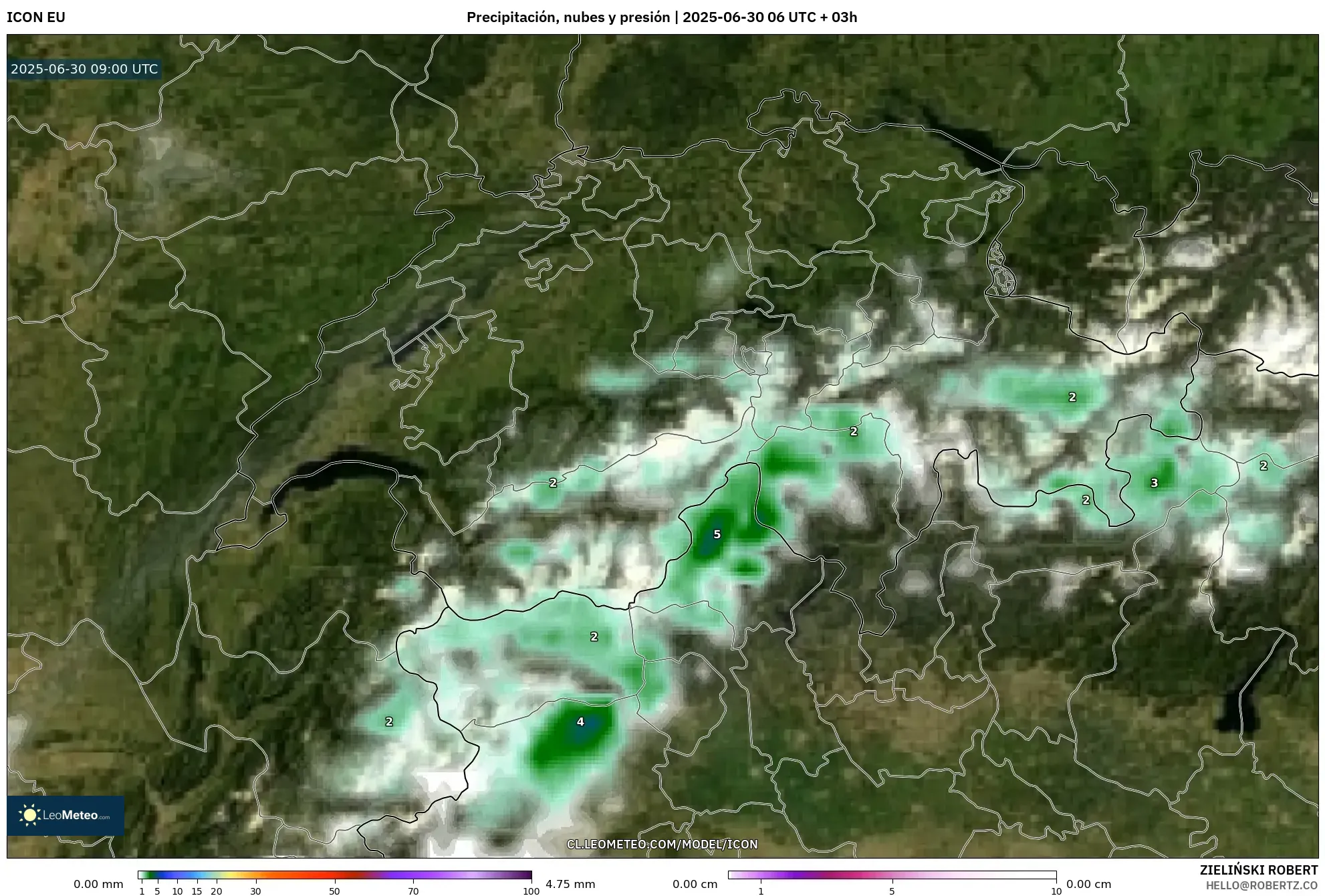 ICON model - Suiza, Precipitación, nubes y presión ICON model - Suiza, Precipitación, nubes y presión