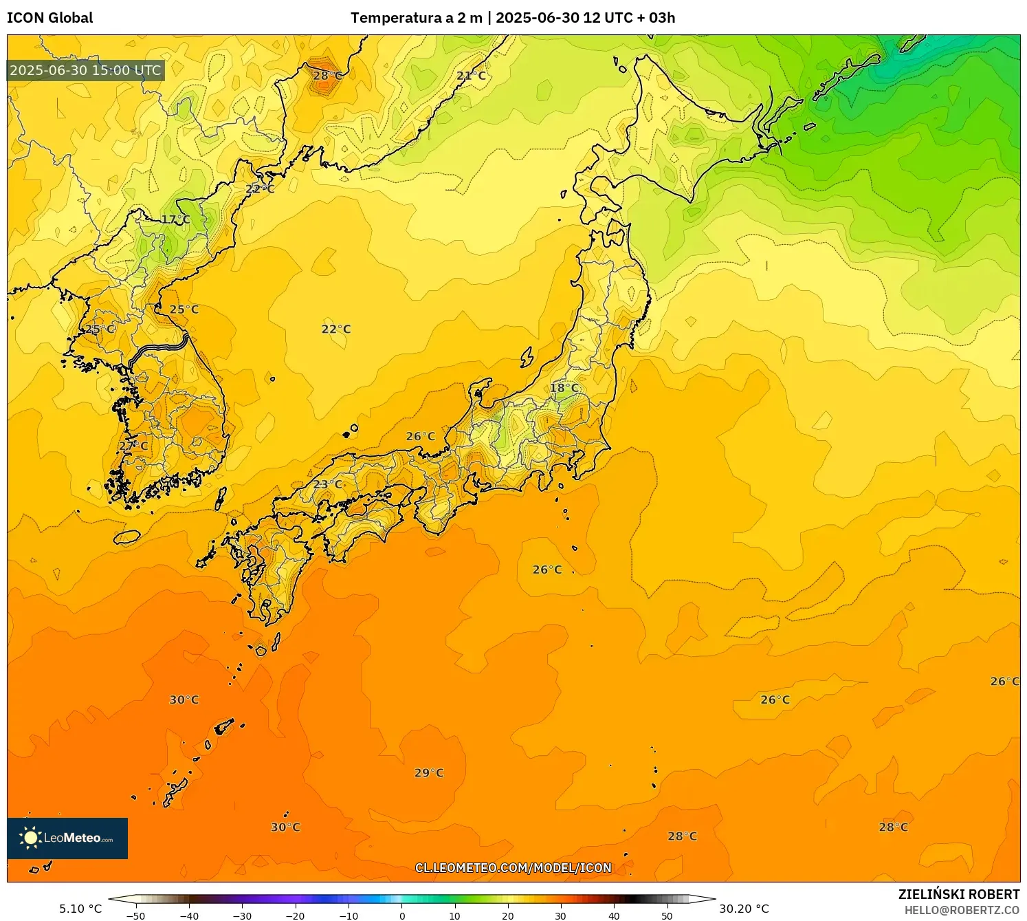 ICON model - Japón, Temperatura a 2 m ICON model - Japón, Temperatura a 2 m
