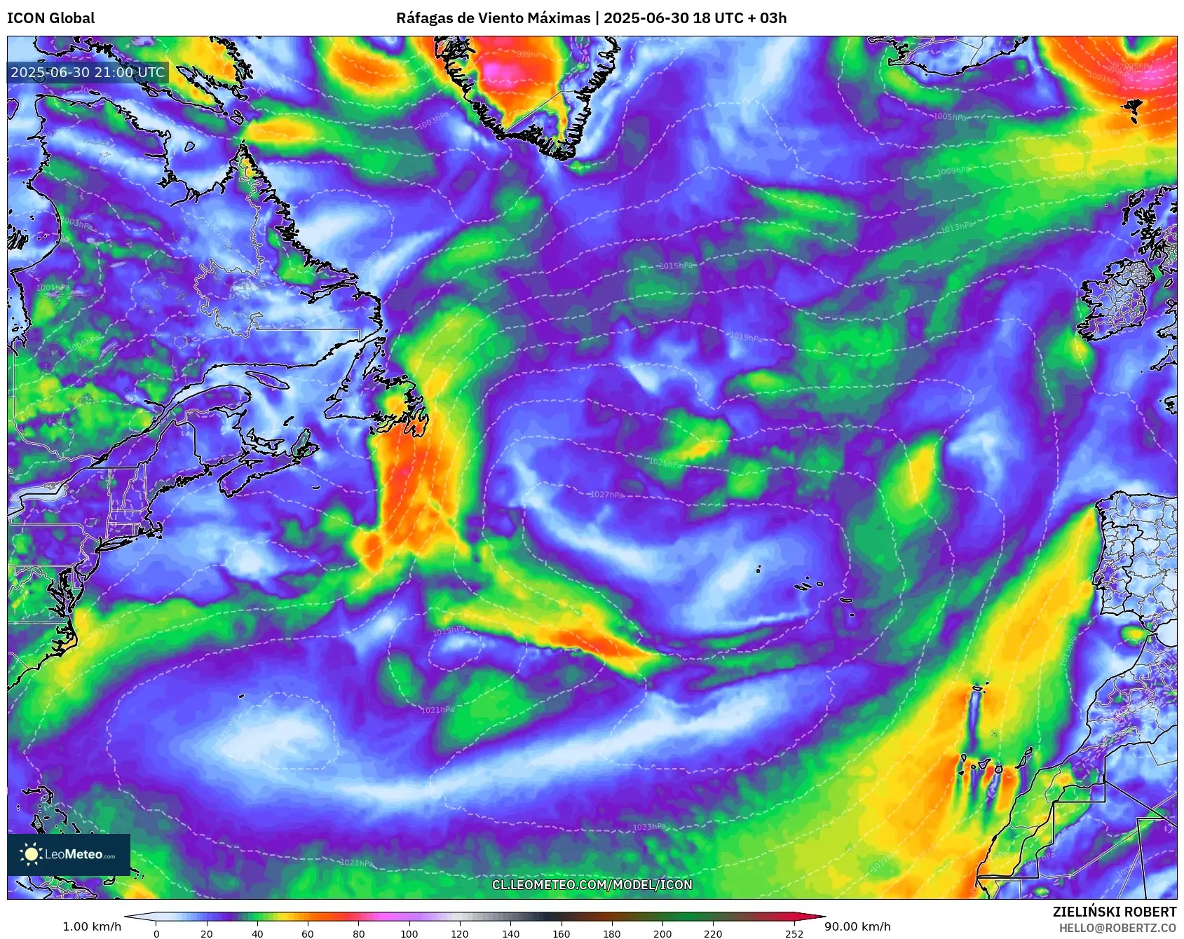 ICON model - Norte Atlántico, Ráfagas de Viento Máximas ICON model - Norte Atlántico, Ráfagas de Viento Máximas