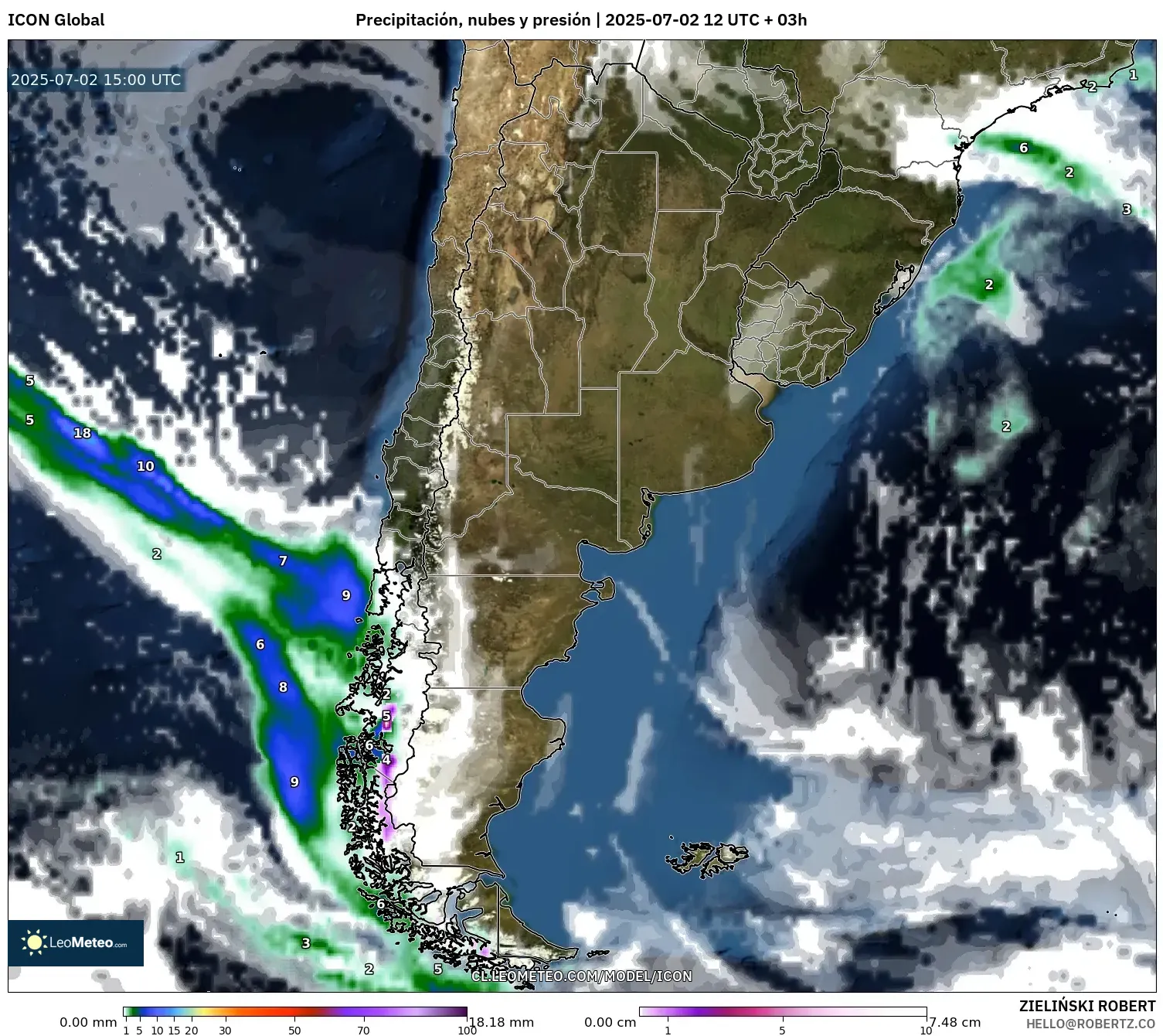ICON model - Argentina, Precipitación, nubes y presión