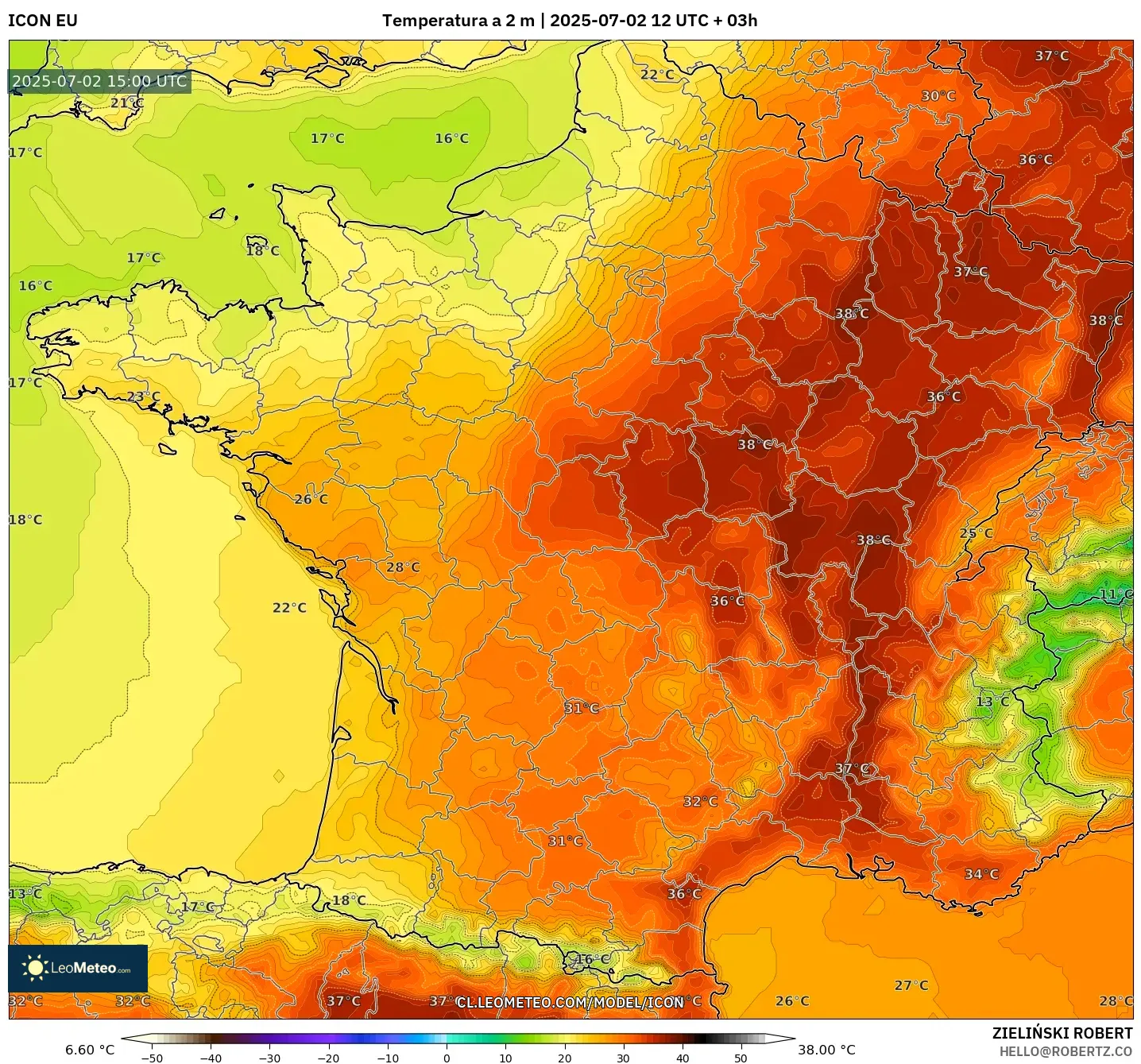 ICON model - Francia, Temperatura a 2 m
