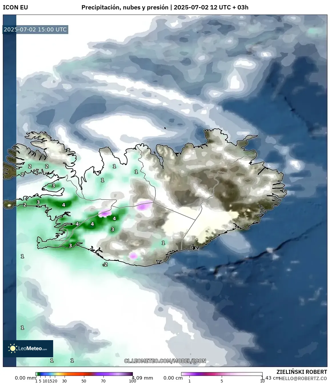 ICON model - Islandia, Precipitación, nubes y presión