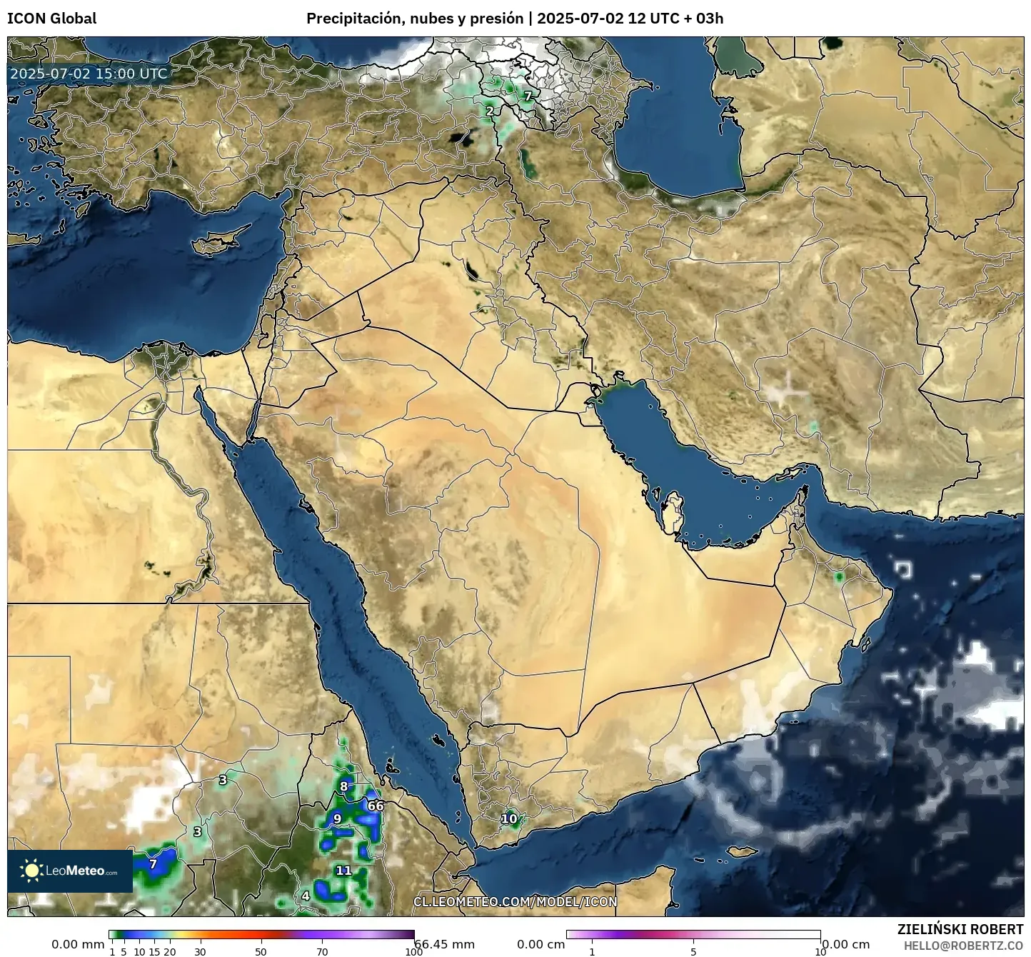 ICON model - Oriente Medio, Precipitación, nubes y presión