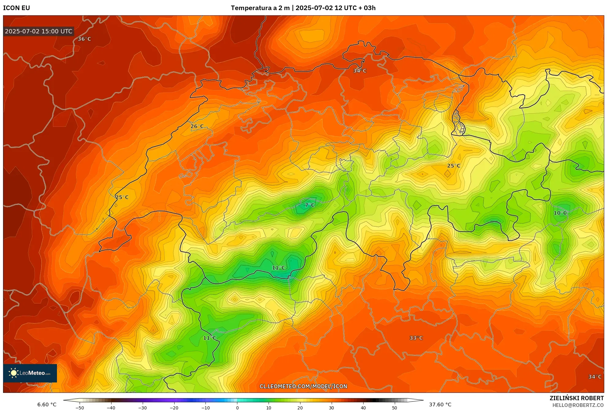 ICON model - Suiza, Temperatura a 2 m