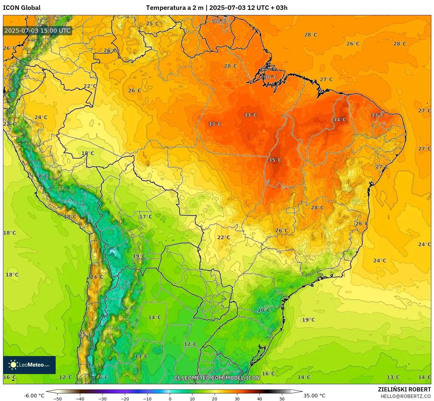 ICON model - Brasil, Temperatura a 2 m