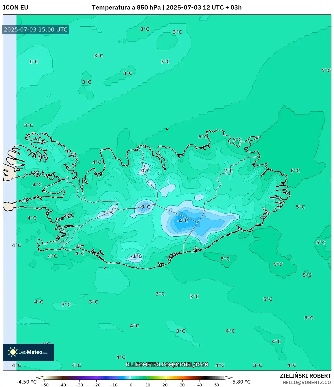 ICON model - Islandia, Temperatura a 850 hPa