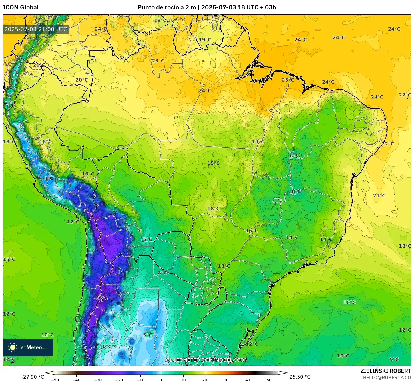 ICON model - Brasil, Punto de rocío a 2 m ICON model - Brasil, Punto de rocío a 2 m