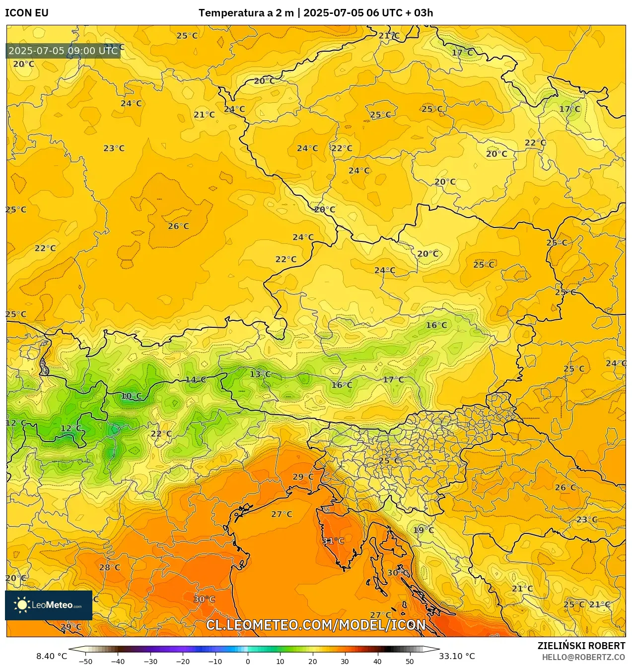 ICON model - Austria, Temperatura a 2 m ICON model - Austria, Temperatura a 2 m