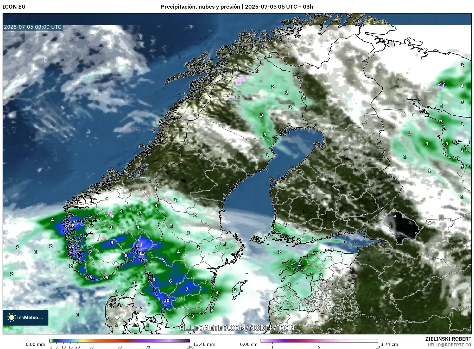ICON model - Escandinavia, Precipitación, nubes y presión ICON model - Escandinavia, Precipitación, nubes y presión