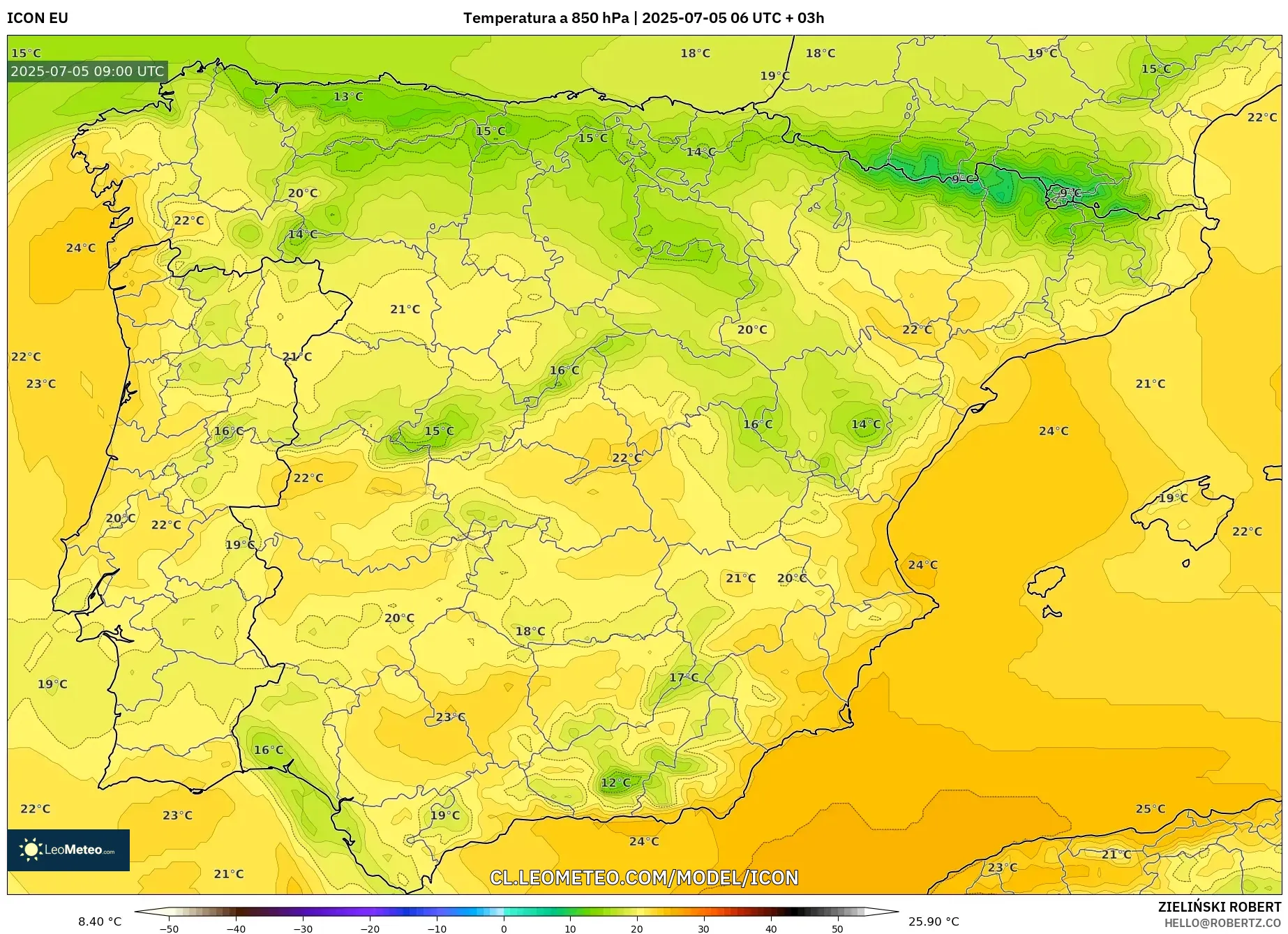 ICON model - España, Temperatura a 850 hPa ICON model - España, Temperatura a 850 hPa