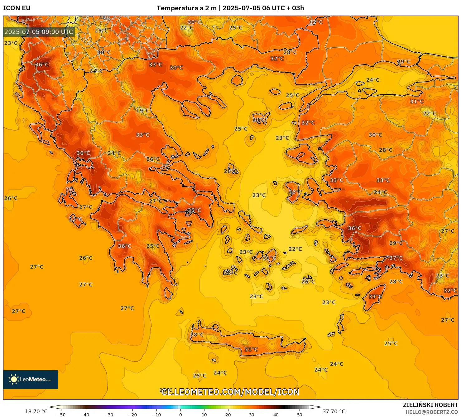 ICON model - Grecia, Temperatura a 2 m ICON model - Grecia, Temperatura a 2 m
