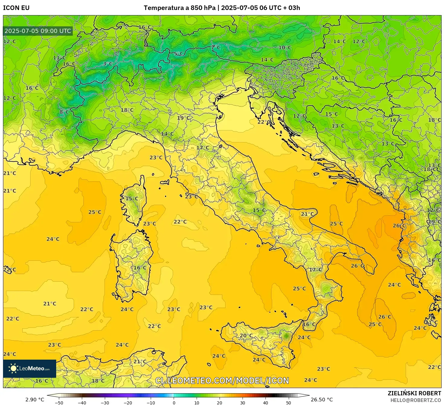 ICON model - Italia, Temperatura a 850 hPa ICON model - Italia, Temperatura a 850 hPa