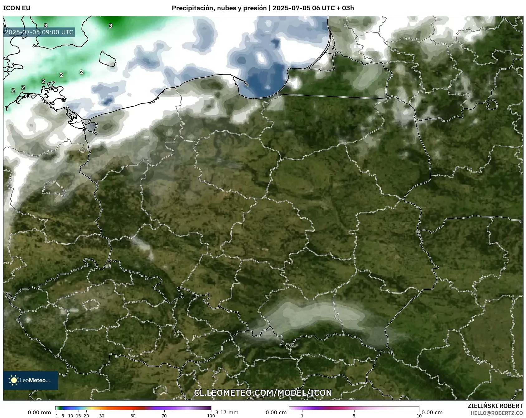 ICON model - Polonia, Precipitación, nubes y presión ICON model - Polonia, Precipitación, nubes y presión