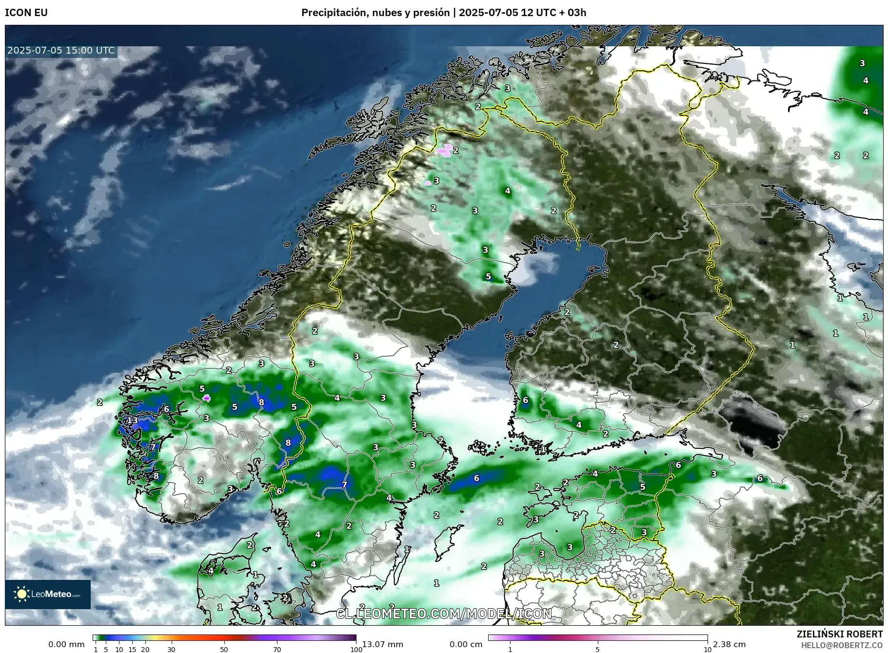 ICON model - Escandinavia, Precipitación, nubes y presión ICON model - Escandinavia, Precipitación, nubes y presión
