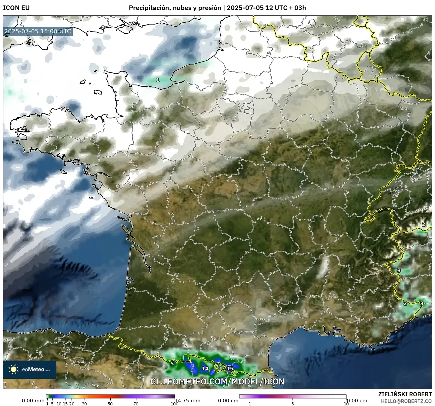 ICON model - Francia, Precipitación, nubes y presión ICON model - Francia, Precipitación, nubes y presión