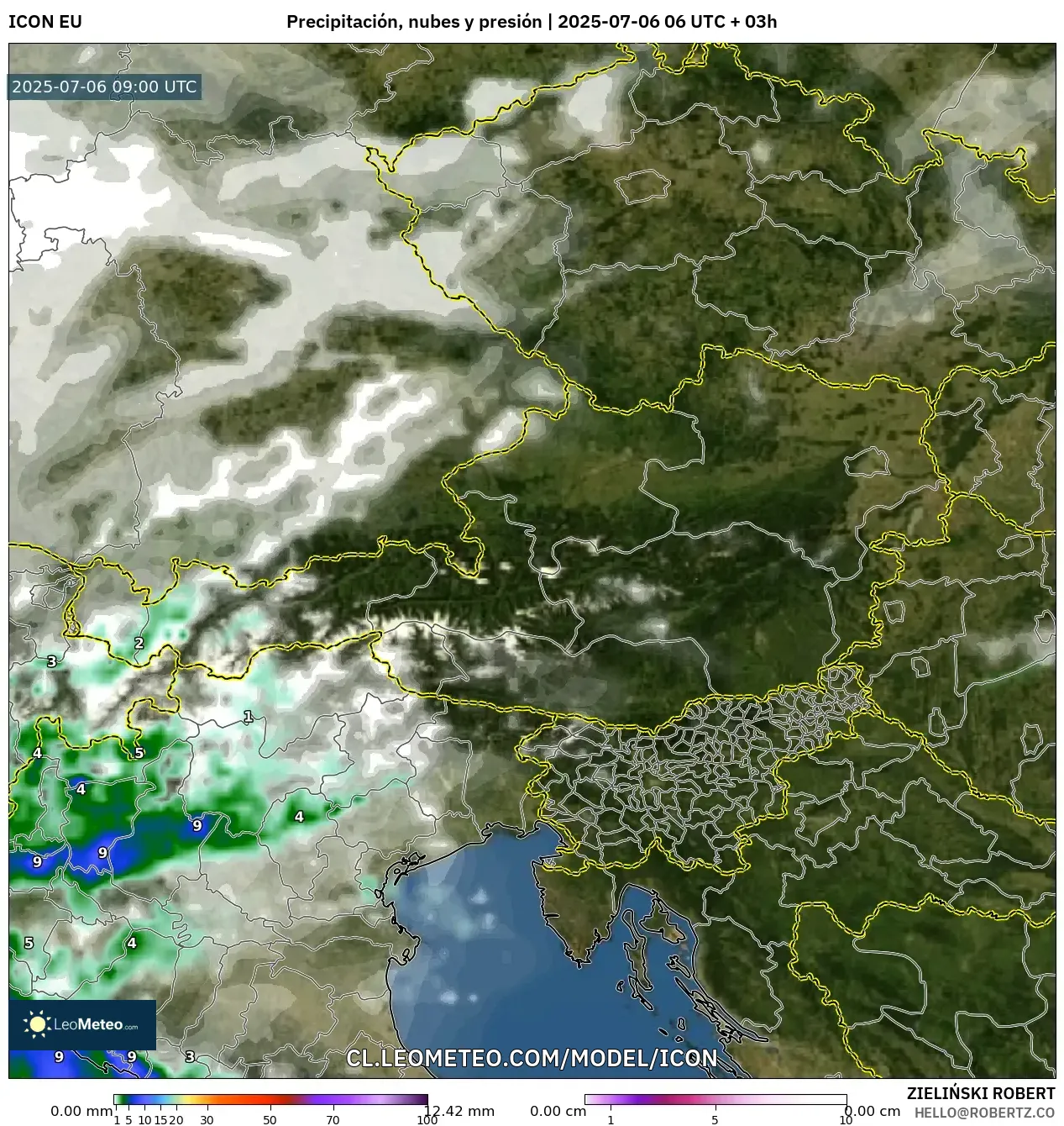 ICON model - Austria, Precipitación, nubes y presión ICON model - Austria, Precipitación, nubes y presión