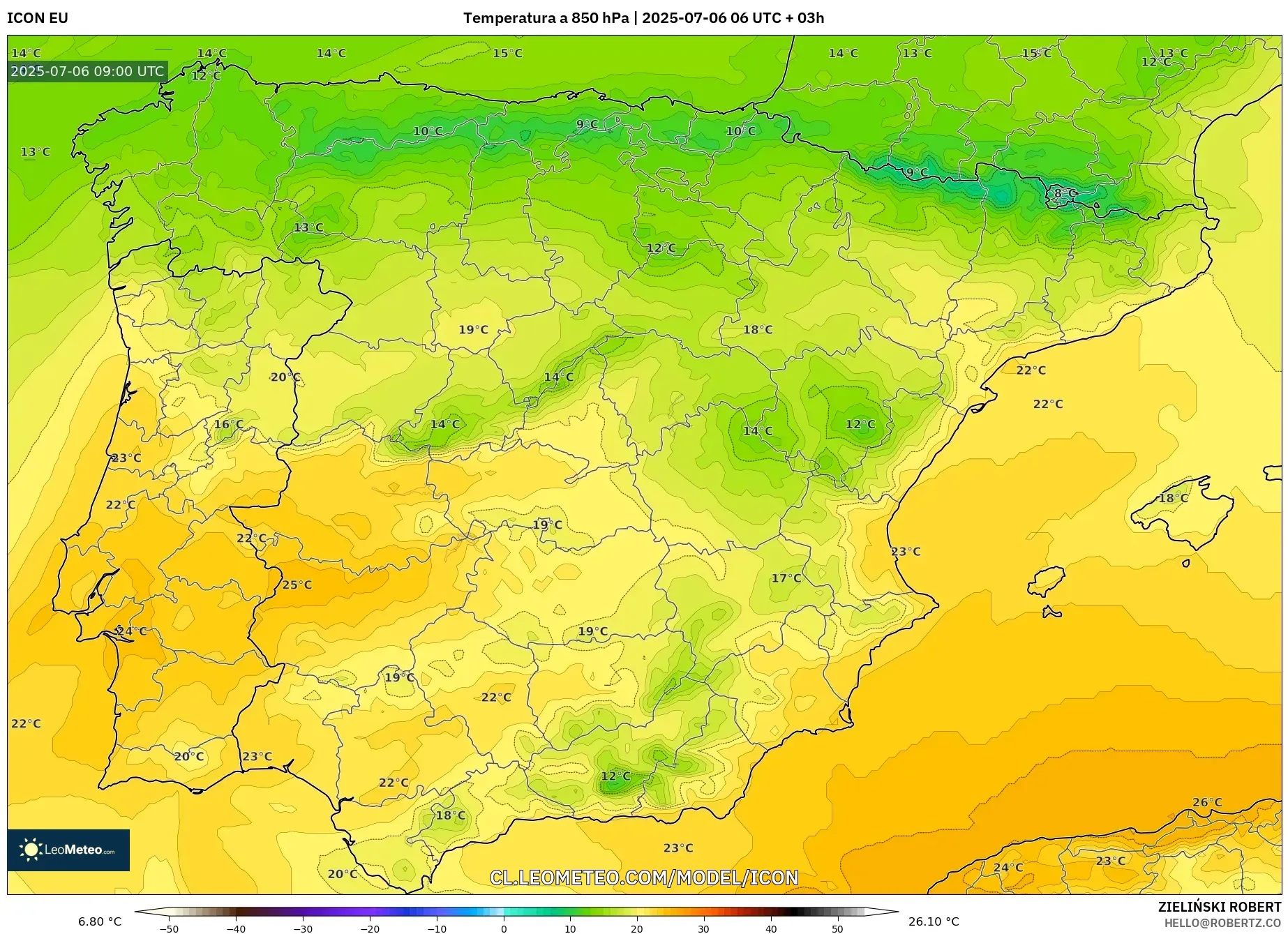 ICON model - España, Temperatura a 850 hPa ICON model - España, Temperatura a 850 hPa