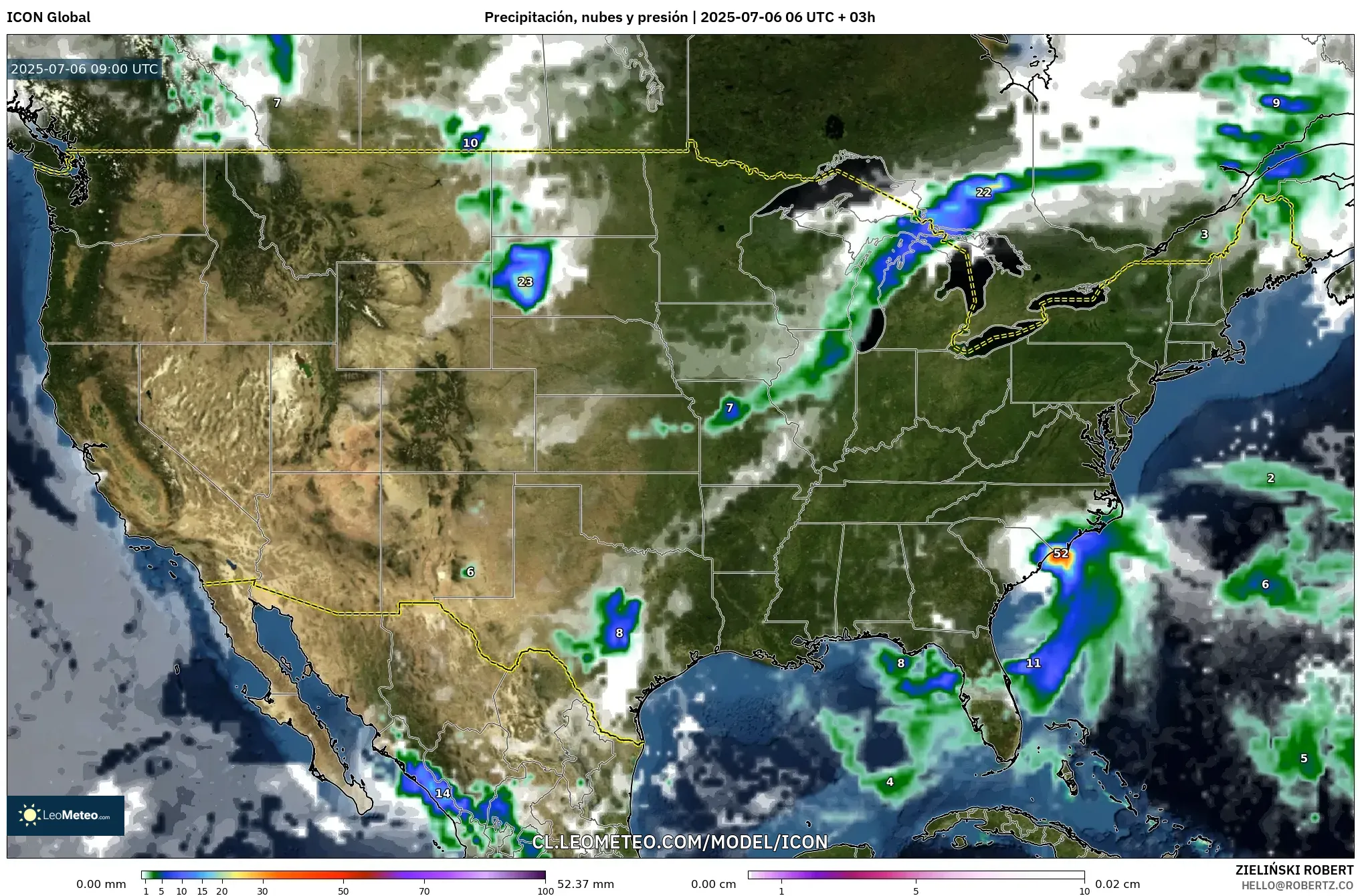 ICON model - Estados Unidos, Precipitación, nubes y presión ICON model - Estados Unidos, Precipitación, nubes y presión