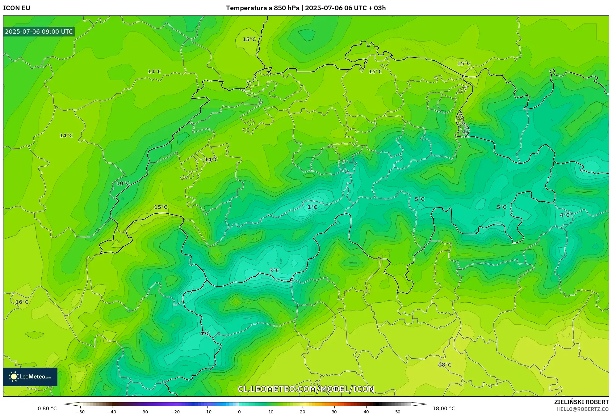 ICON model - Suiza, Temperatura a 850 hPa ICON model - Suiza, Temperatura a 850 hPa