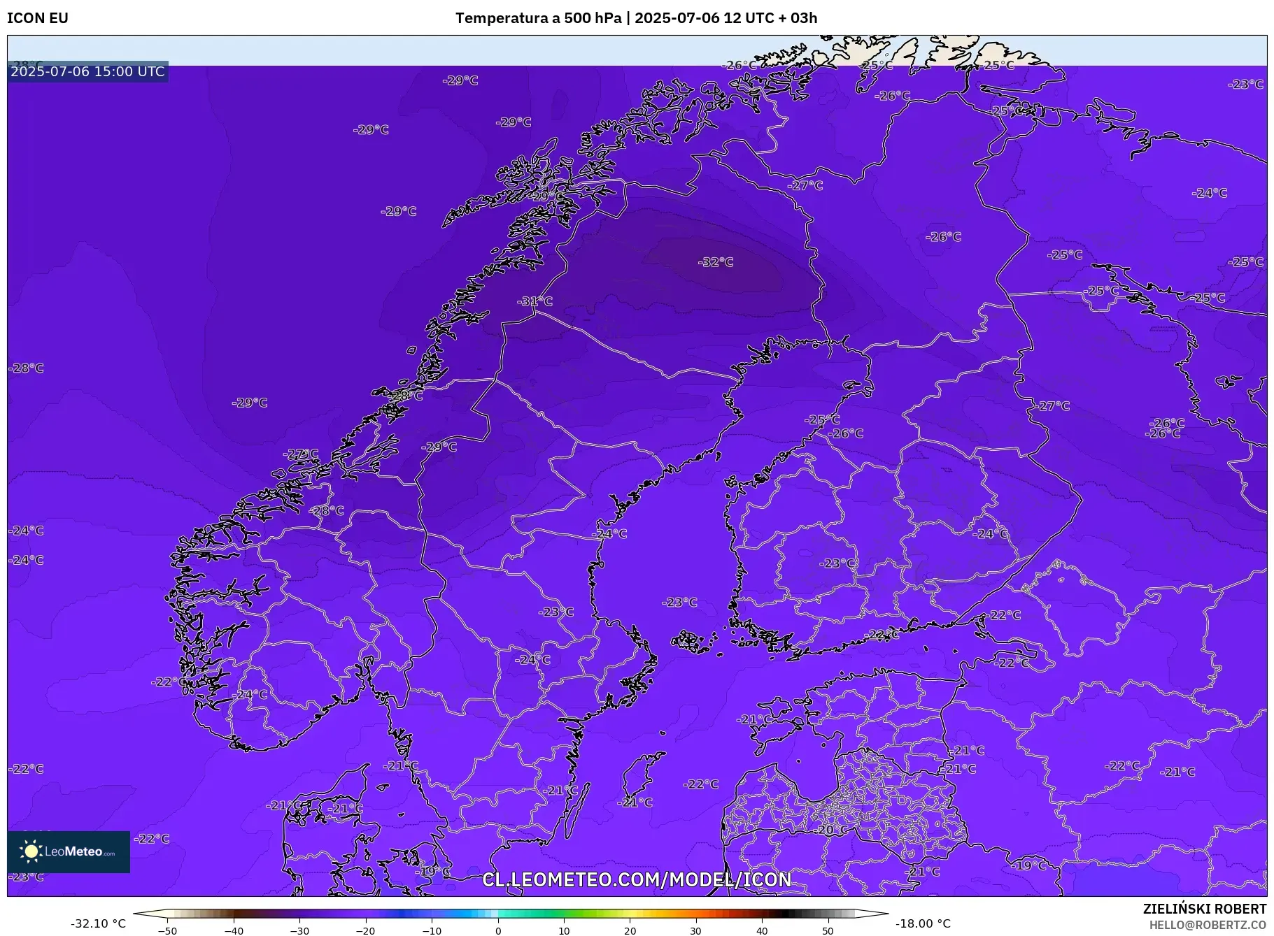 ICON model - Escandinavia, Temperatura a 500 hPa ICON model - Escandinavia, Temperatura a 500 hPa