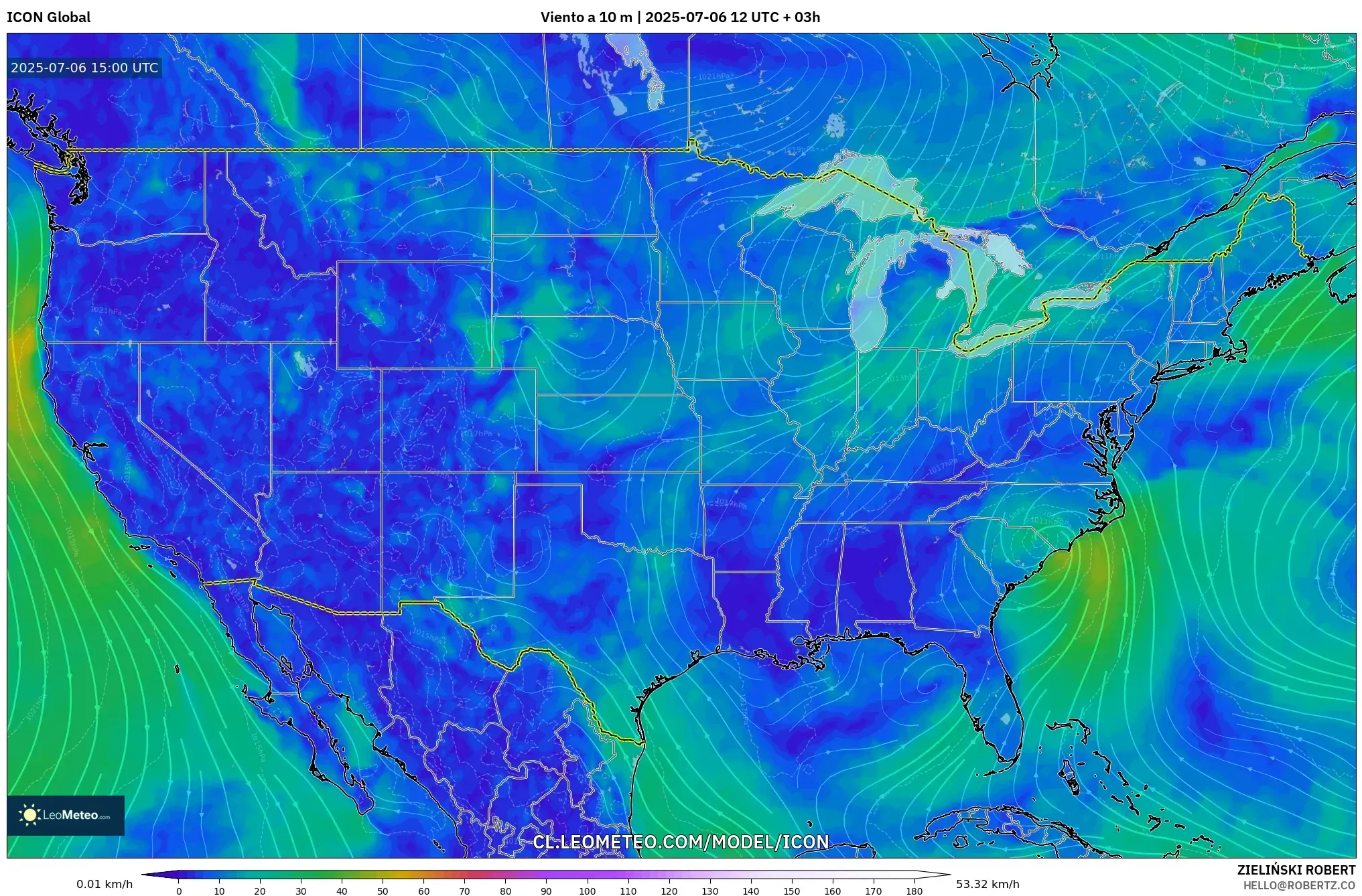 ICON model - Estados Unidos, Viento a 10 m ICON model - Estados Unidos, Viento a 10 m