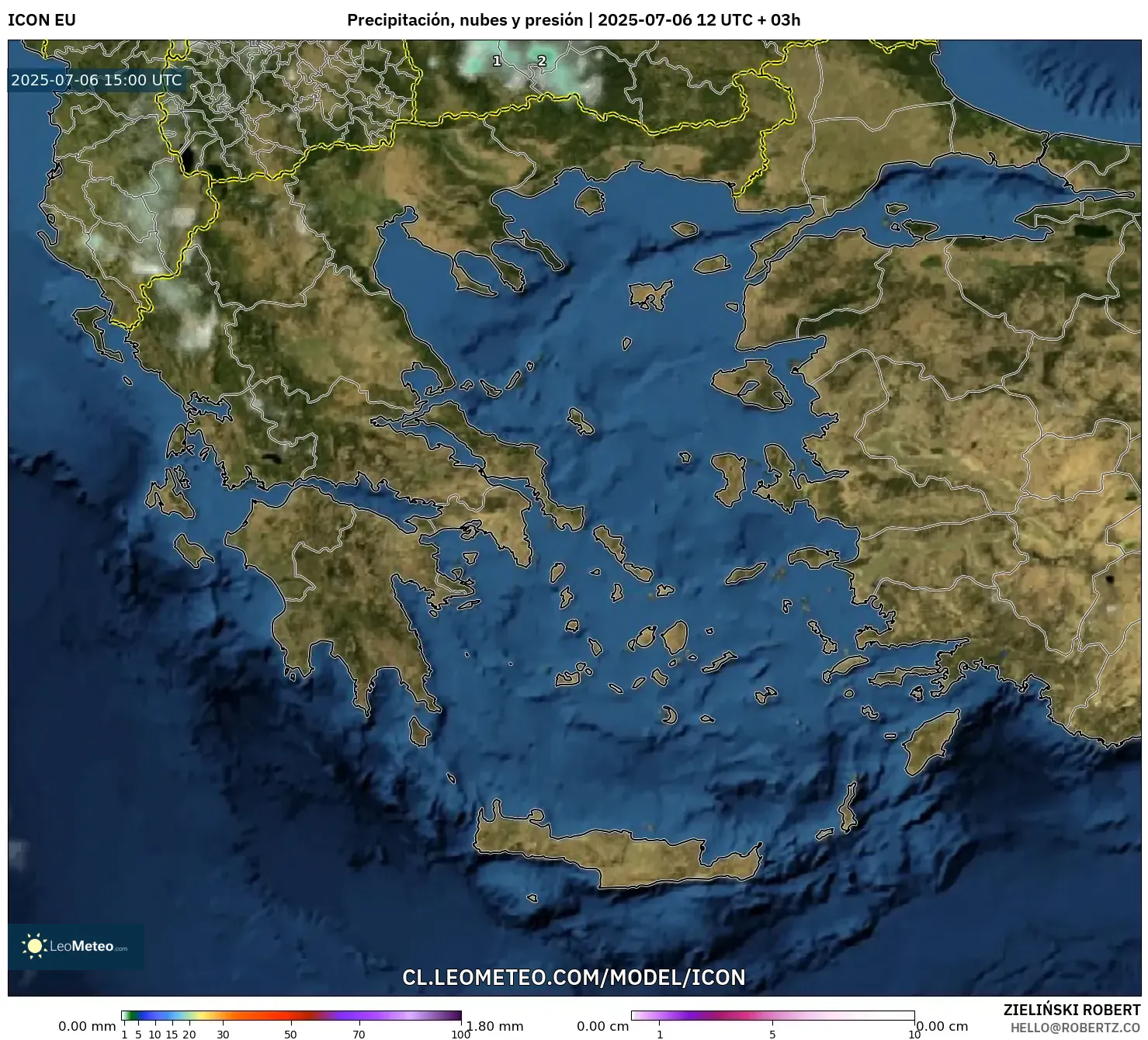 ICON model - Grecia, Precipitación, nubes y presión ICON model - Grecia, Precipitación, nubes y presión