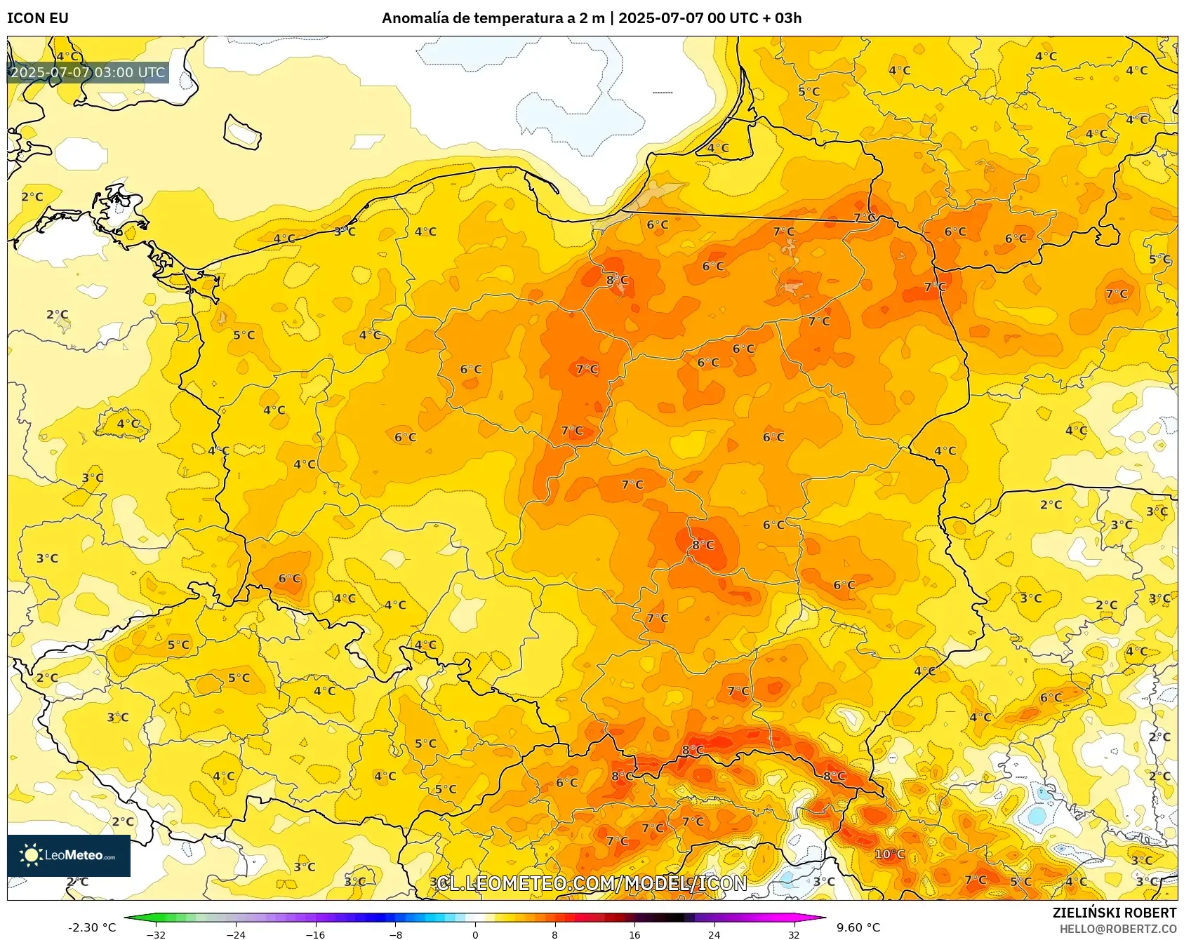 ICON model - Polonia, Anomalía de temperatura a 2 m ICON model - Polonia, Anomalía de temperatura a 2 m