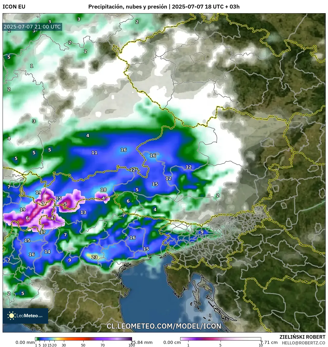 ICON model - Austria, Precipitación, nubes y presión ICON model - Austria, Precipitación, nubes y presión