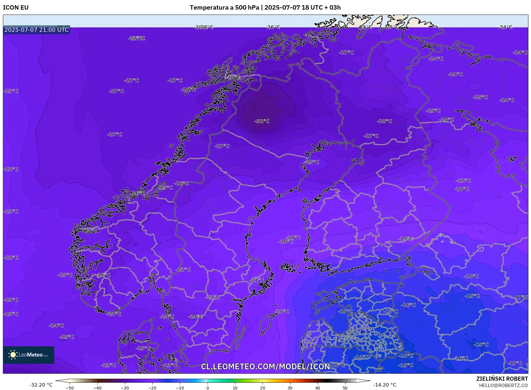ICON model - Escandinavia, Temperatura a 500 hPa ICON model - Escandinavia, Temperatura a 500 hPa