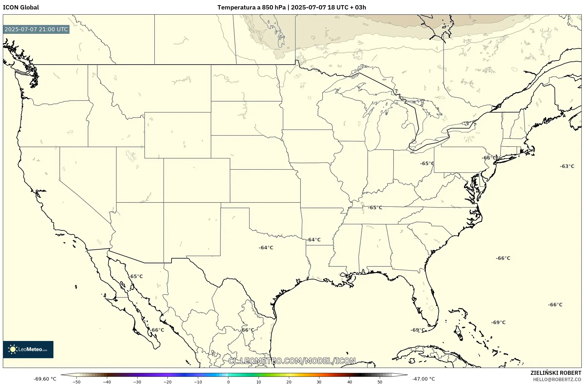 ICON model - Estados Unidos, Temperatura a 850 hPa ICON model - Estados Unidos, Temperatura a 850 hPa