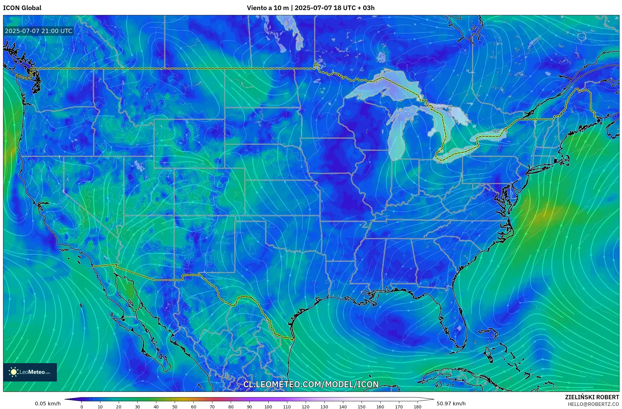 ICON model - Estados Unidos, Viento a 10 m ICON model - Estados Unidos, Viento a 10 m