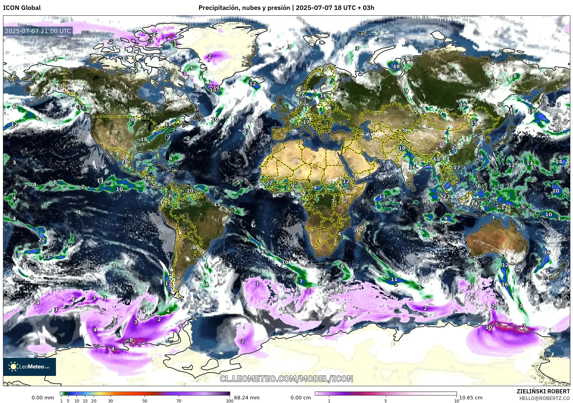 ICON model - Mundo, Precipitación, nubes y presión ICON model - Mundo, Precipitación, nubes y presión