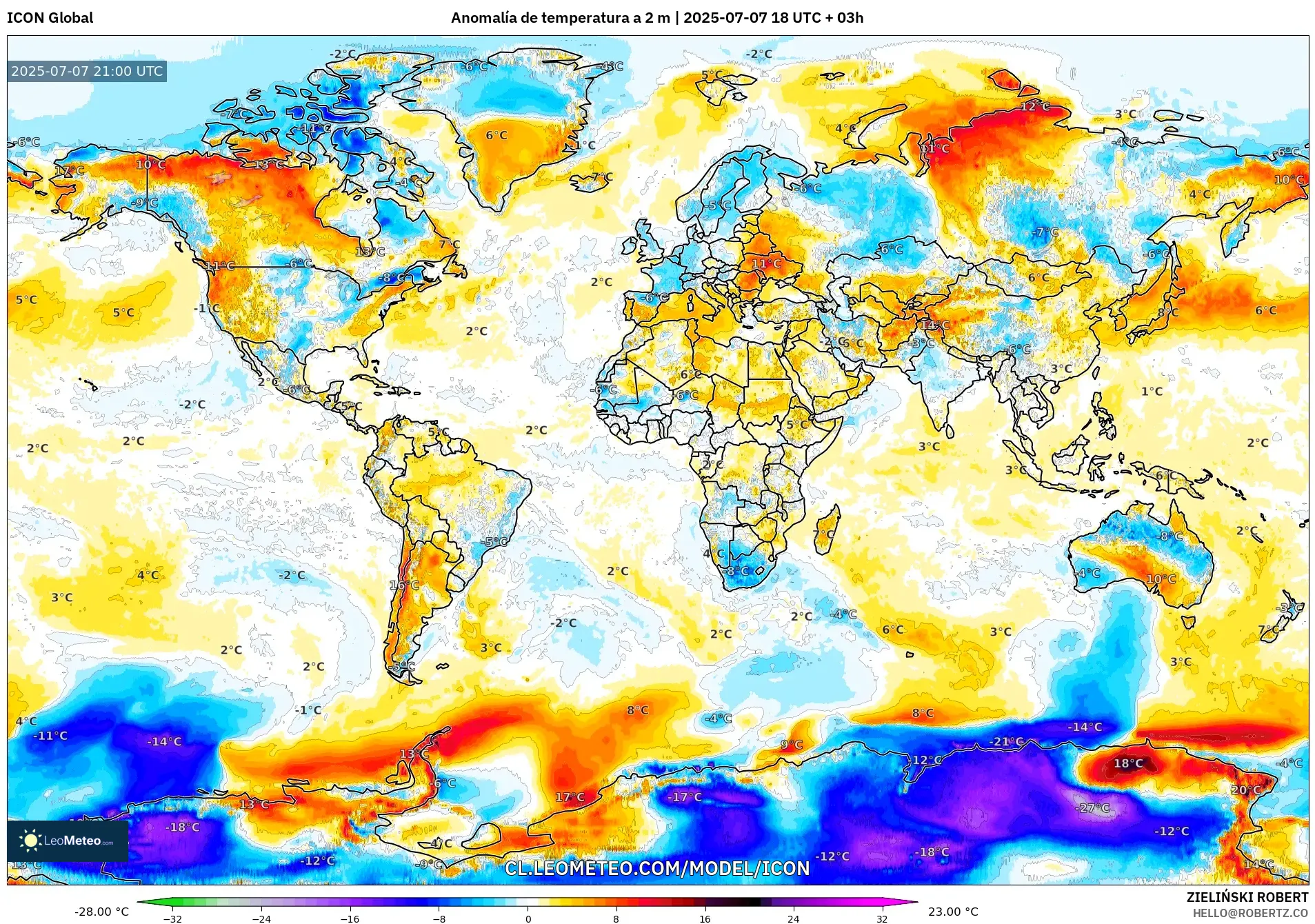 ICON model - Mundo, Anomalía de temperatura a 2 m ICON model - Mundo, Anomalía de temperatura a 2 m