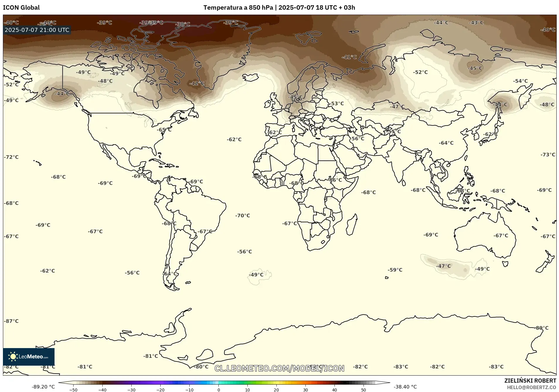 ICON model - Mundo, Temperatura a 850 hPa ICON model - Mundo, Temperatura a 850 hPa