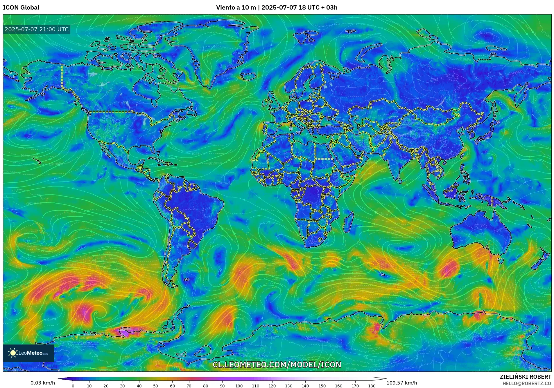 ICON model - Mundo, Viento a 10 m ICON model - Mundo, Viento a 10 m