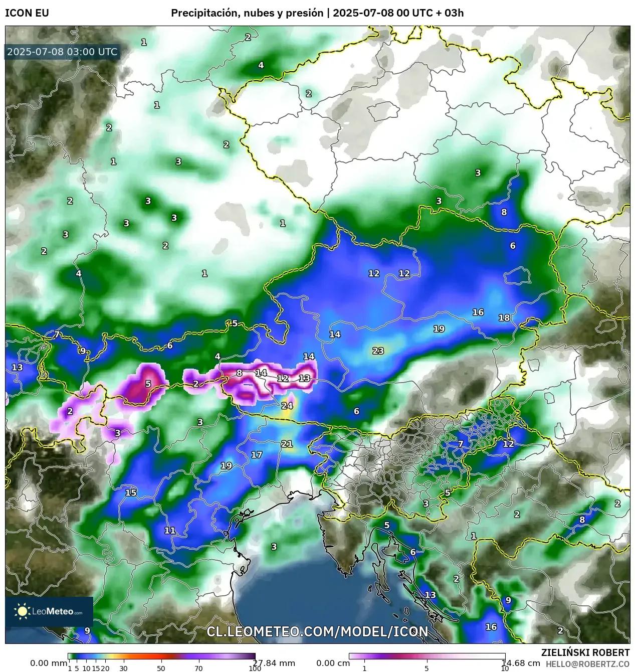 ICON model - Austria, Precipitación, nubes y presión ICON model - Austria, Precipitación, nubes y presión