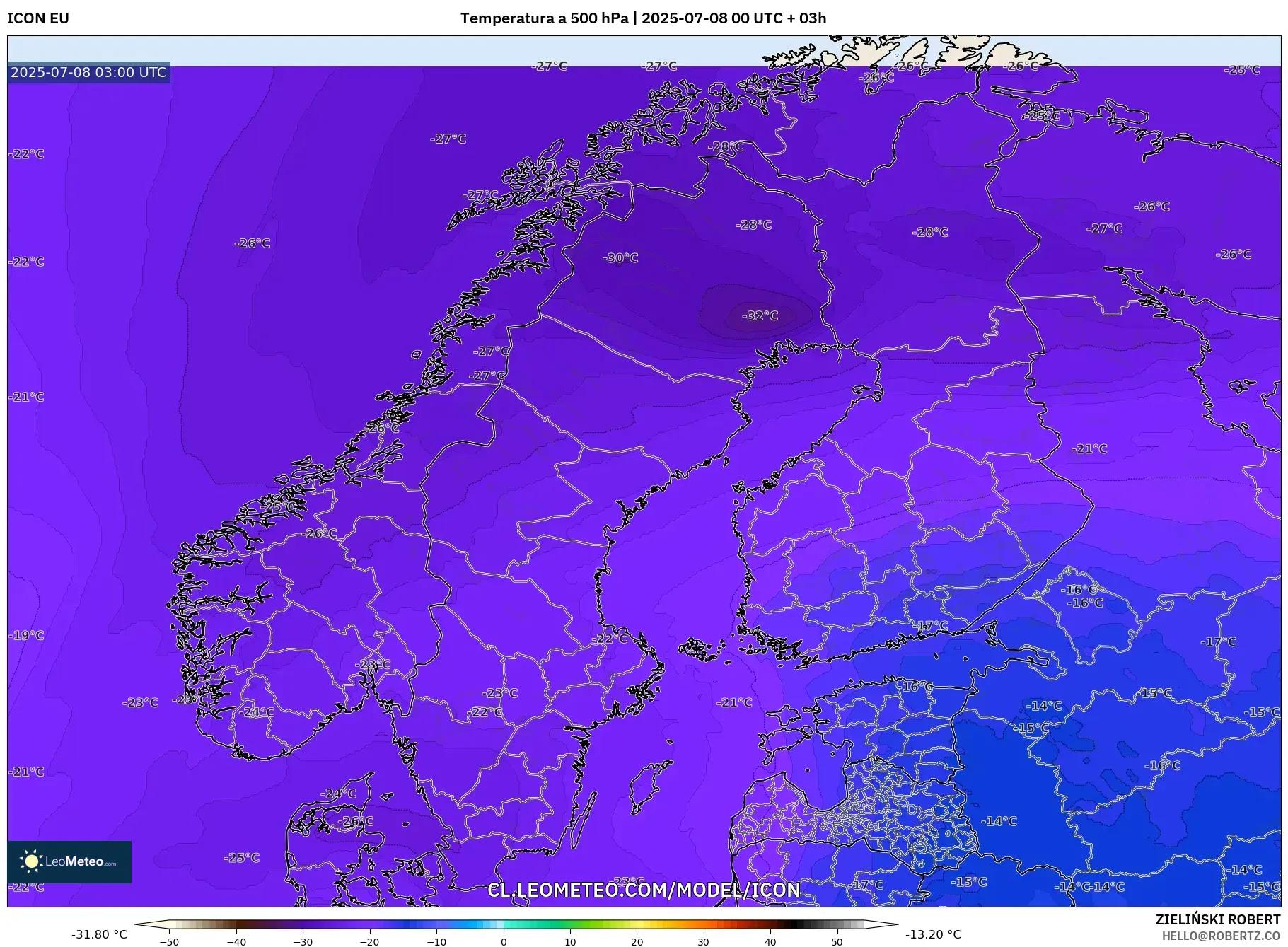 ICON model - Escandinavia, Temperatura a 500 hPa ICON model - Escandinavia, Temperatura a 500 hPa