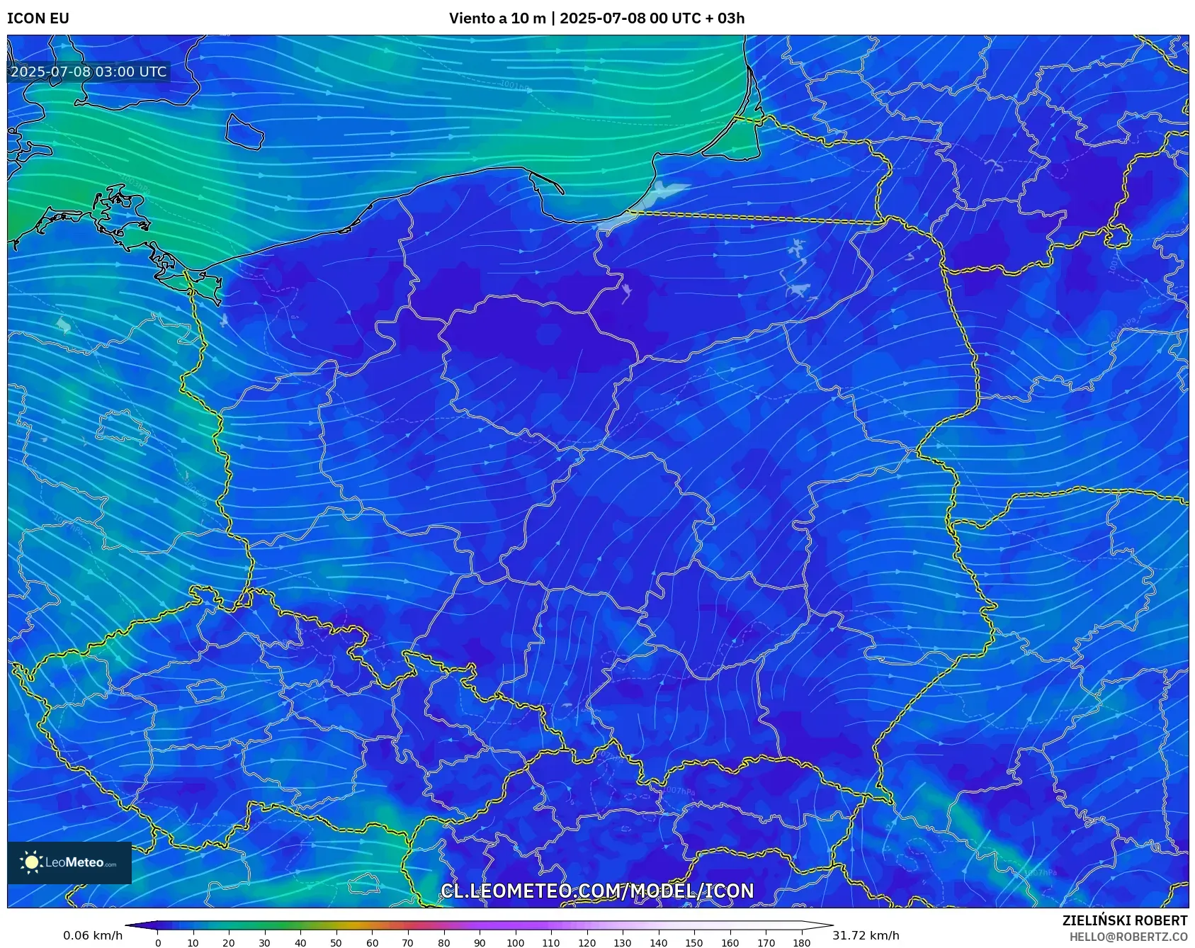 ICON model - Polonia, Viento a 10 m