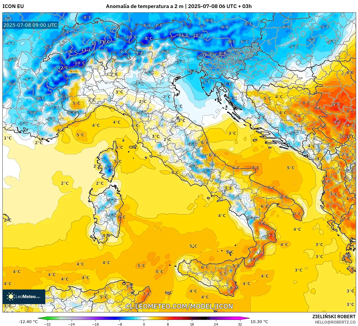 ICON model - Italia, Anomalía de temperatura a 2 m