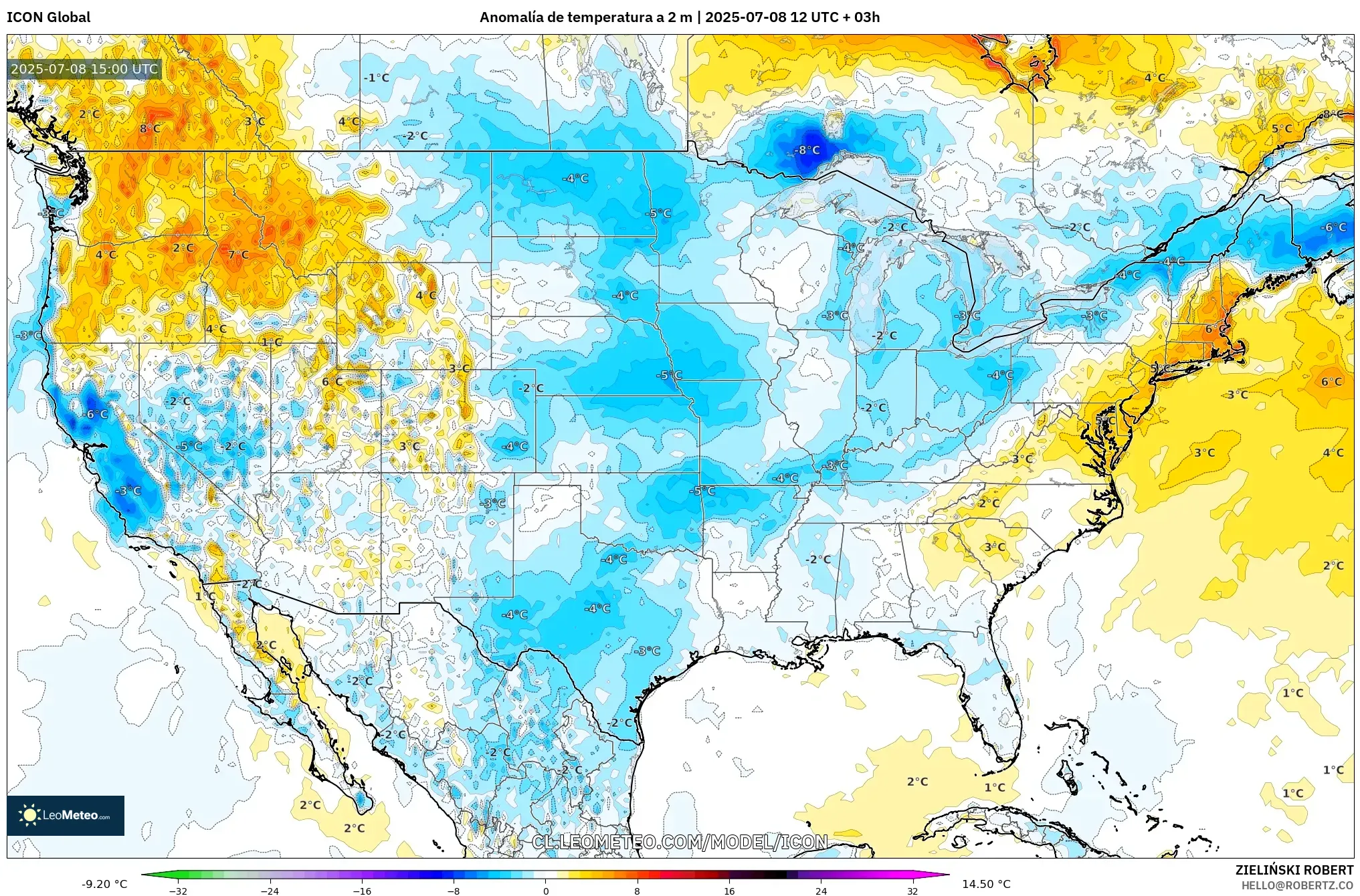 ICON model - Estados Unidos, Anomalía de temperatura a 2 m ICON model - Estados Unidos, Anomalía de temperatura a 2 m