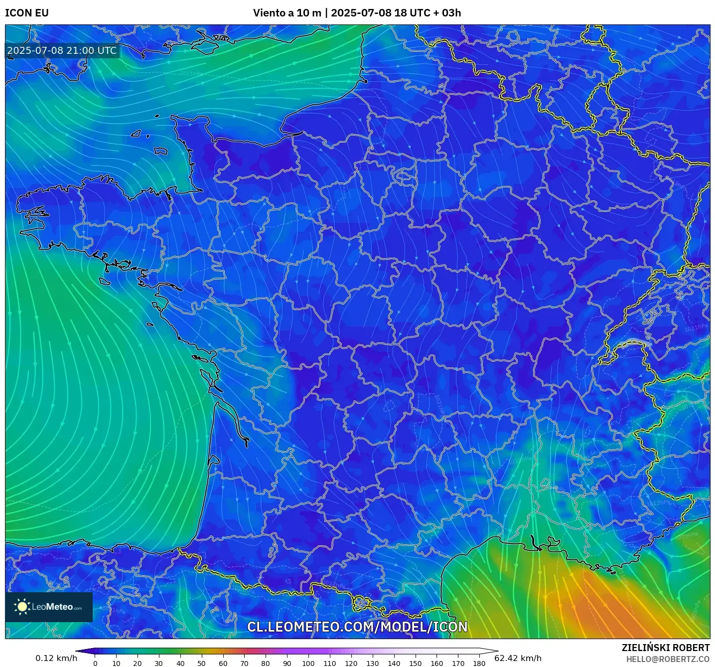 ICON model - Francia, Viento a 10 m ICON model - Francia, Viento a 10 m