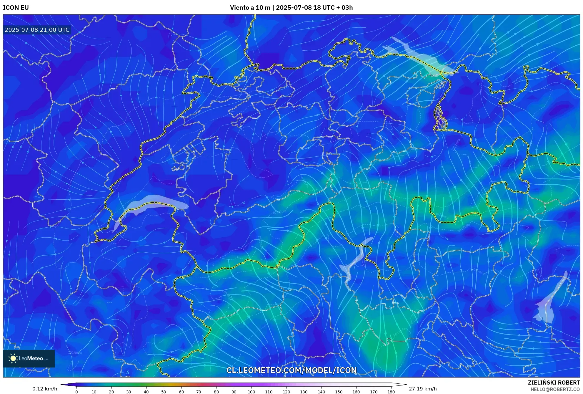 ICON model - Suiza, Viento a 10 m ICON model - Suiza, Viento a 10 m