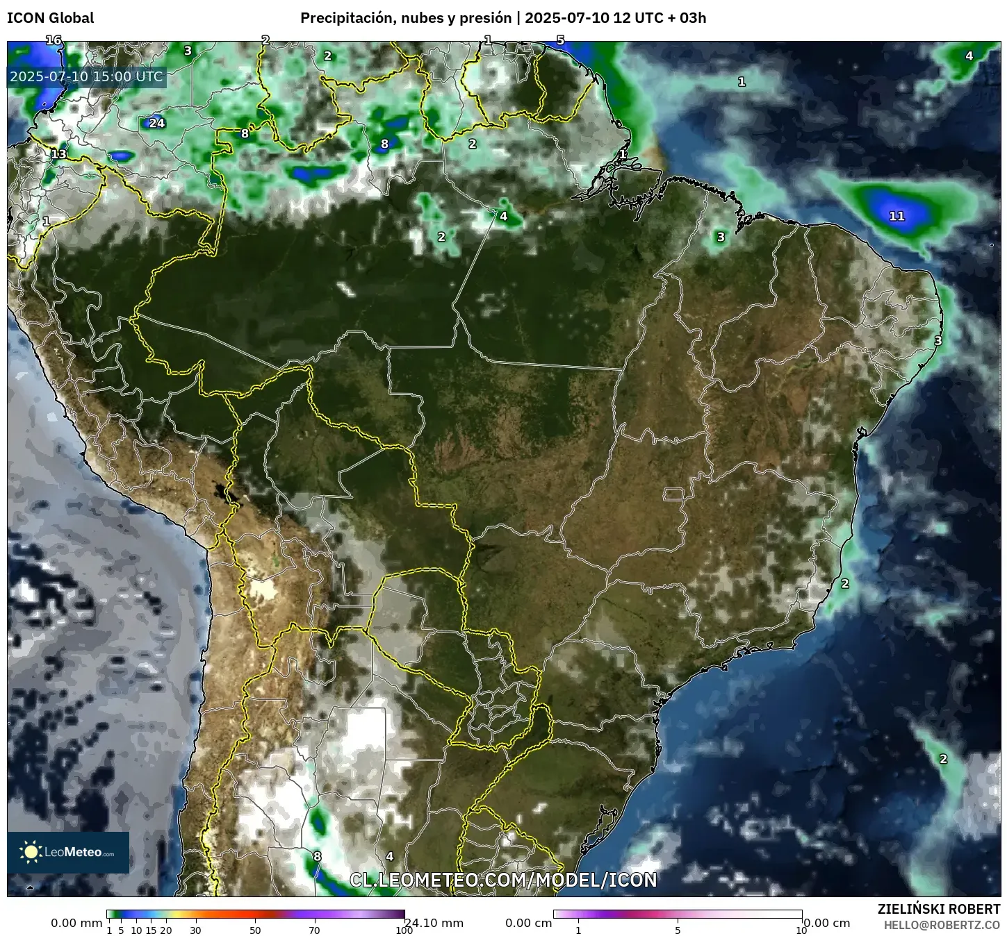 ICON model - Brasil, Precipitación, nubes y presión ICON model - Brasil, Precipitación, nubes y presión