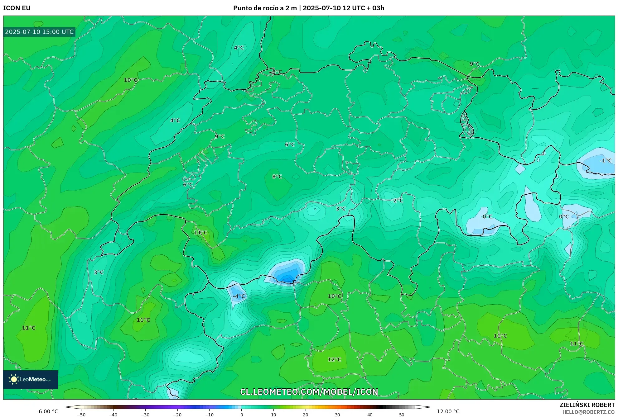 ICON model - Suiza, Punto de rocío a 2 m ICON model - Suiza, Punto de rocío a 2 m