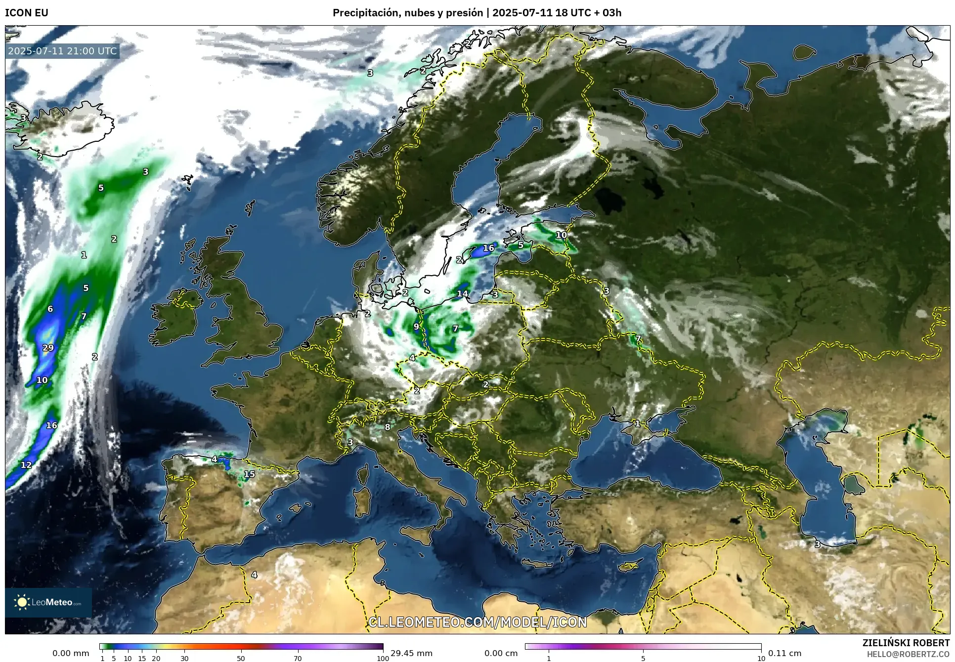 ICON model - Europa, Precipitación, nubes y presión