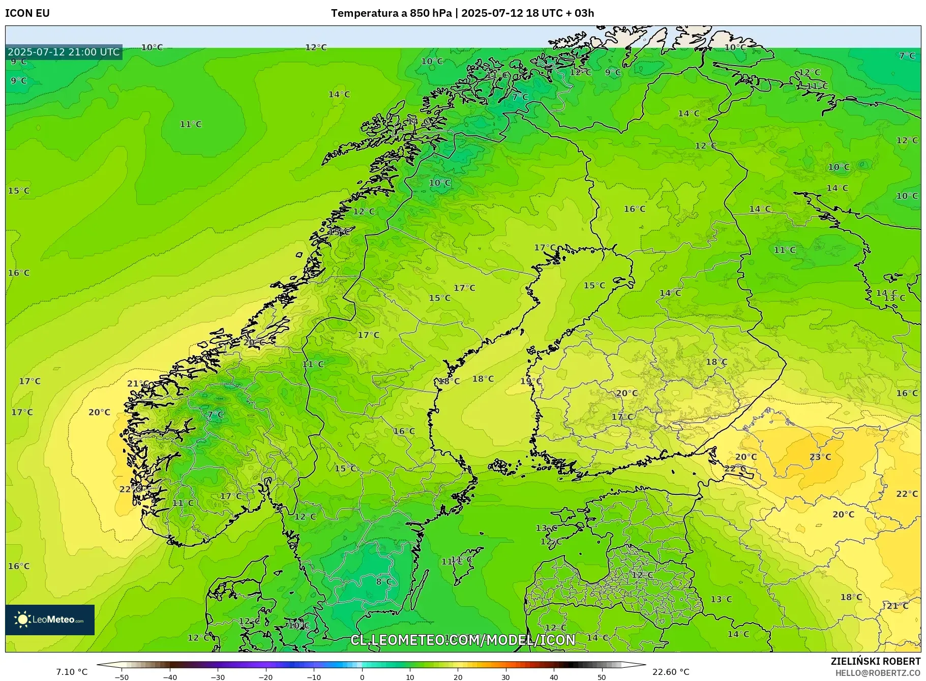 ICON model - Escandinavia, Temperatura a 850 hPa ICON model - Escandinavia, Temperatura a 850 hPa