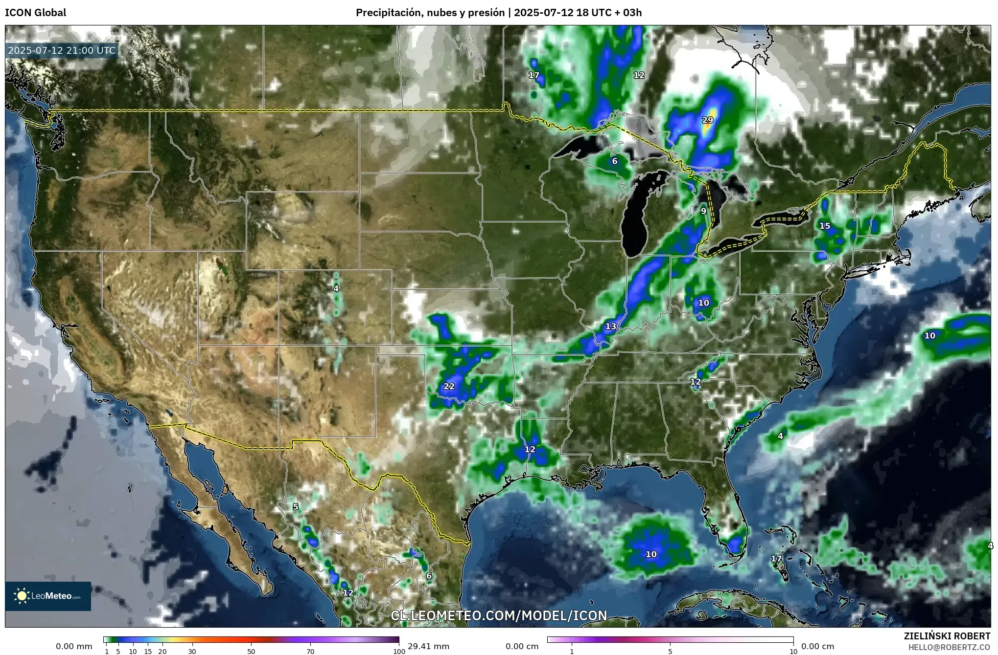 ICON model - Estados Unidos, Precipitación, nubes y presión ICON model - Estados Unidos, Precipitación, nubes y presión