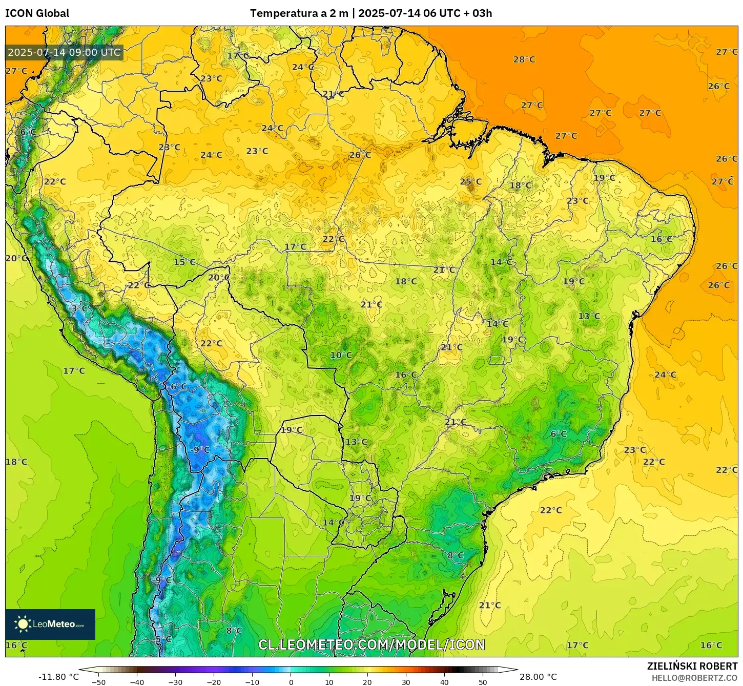 ICON model - Brasil, Temperatura a 2 m ICON model - Brasil, Temperatura a 2 m